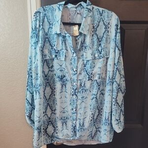 Blue Snake Print Button-Up Blouse